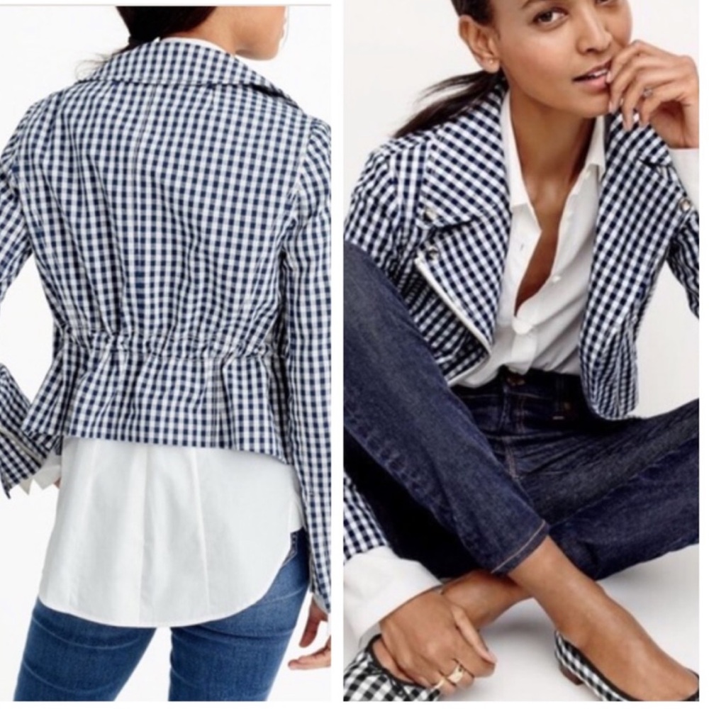 J. Crew Cotton Linen Gingham Motorcycle Jacket